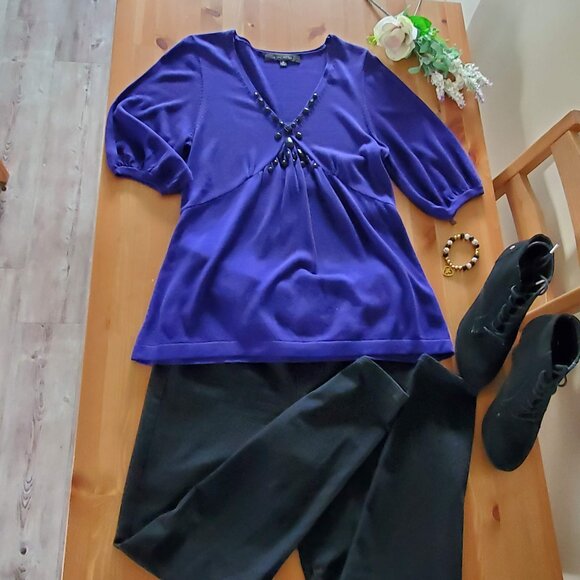 Nine West - Women's sweater top 3/4 Sleeves with jeweled Size M Amethyst - Picture 9 of 9